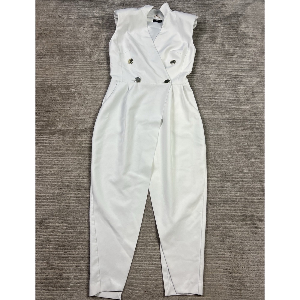 Genevie Jumpsuit Womens XS White Sleeveless‎ Padded Shoulders Polyester Blend